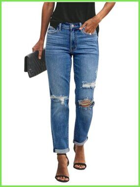Women's Ripped Boyfriend Jeans Mid Rise Stretch Denim Pants